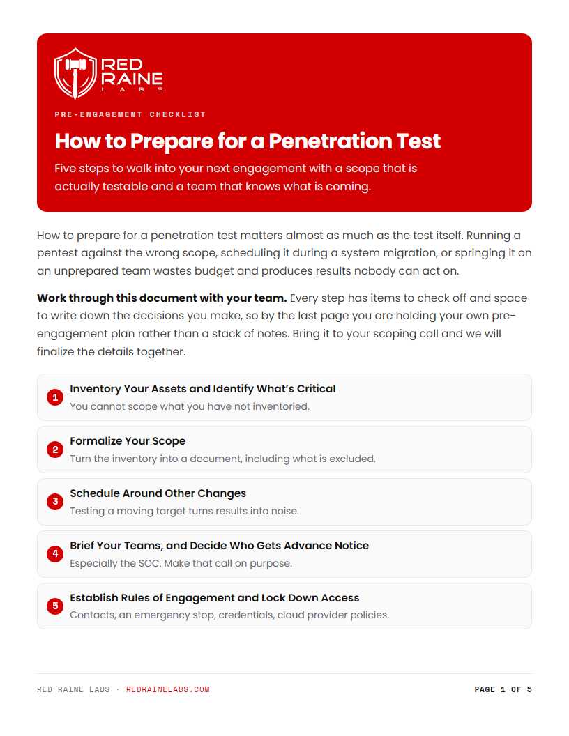 Page one of the Red Raine Labs penetration test preparation checklist, showing the five steps it covers.