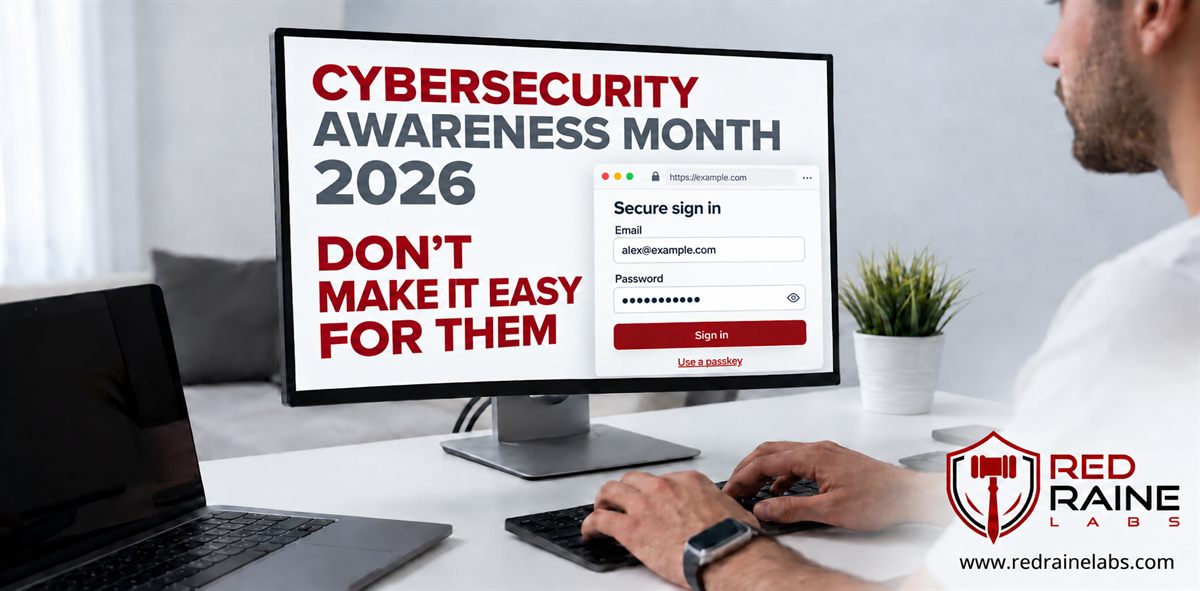 Cybersecurity Awareness Month 2026: Don't make it easy for them. A sign-in screen on a monitor beside the Red Raine Labs logo.